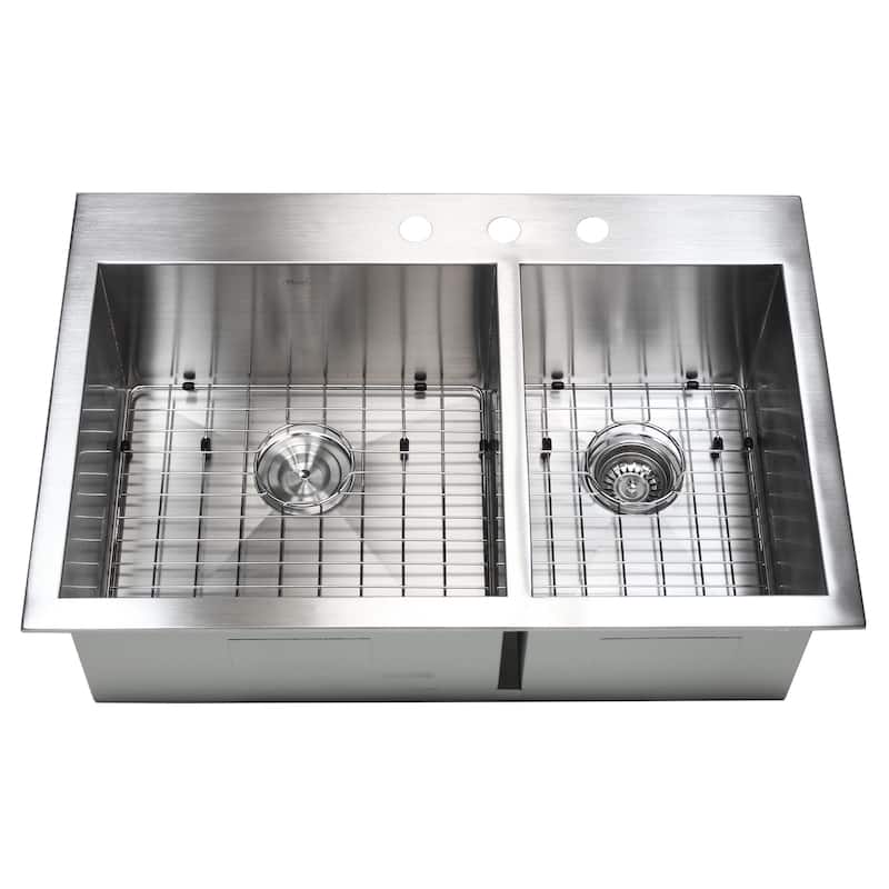 16 Gauge Stainless Steel 33-inch 60/40 Double Bowl Kitchen Sink Combo