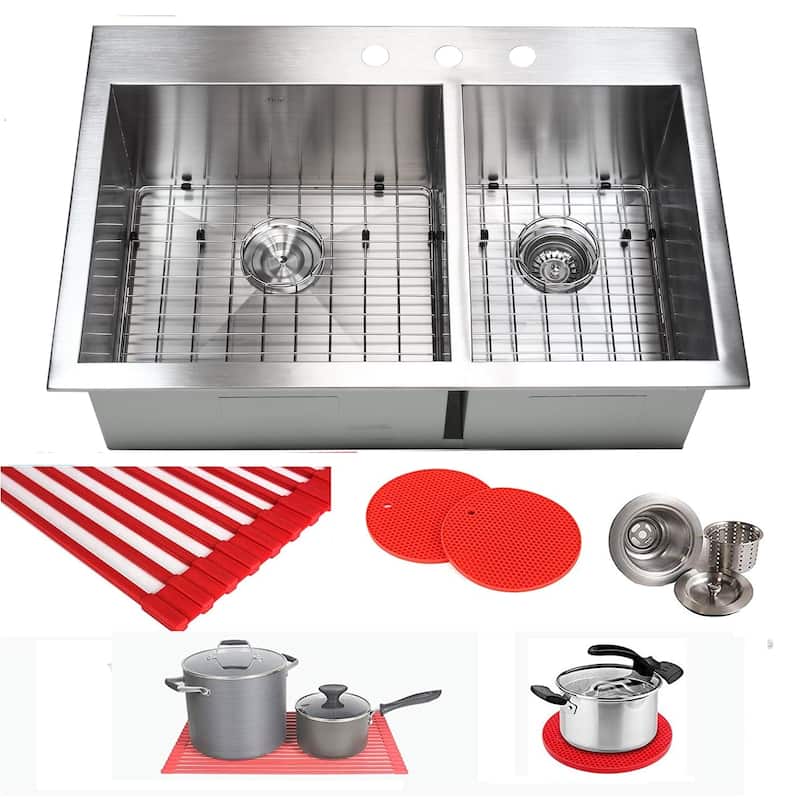 16 Gauge Stainless Steel 33-inch 60/40 Double Bowl Kitchen Sink Combo