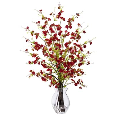 Nearly Natural Red Cherry Blossom in Glass Vase