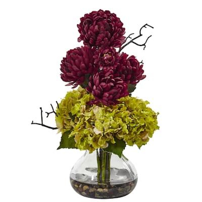 Nearly Natural Green Hydrangeas and Burgundy Mums in Vase