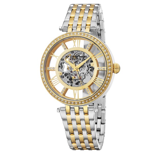 Stuhrling Original Women's Automatic Skeleton Delphi Swarovski Element Crystal Two-Tone Link Braclet Watch - Gold
