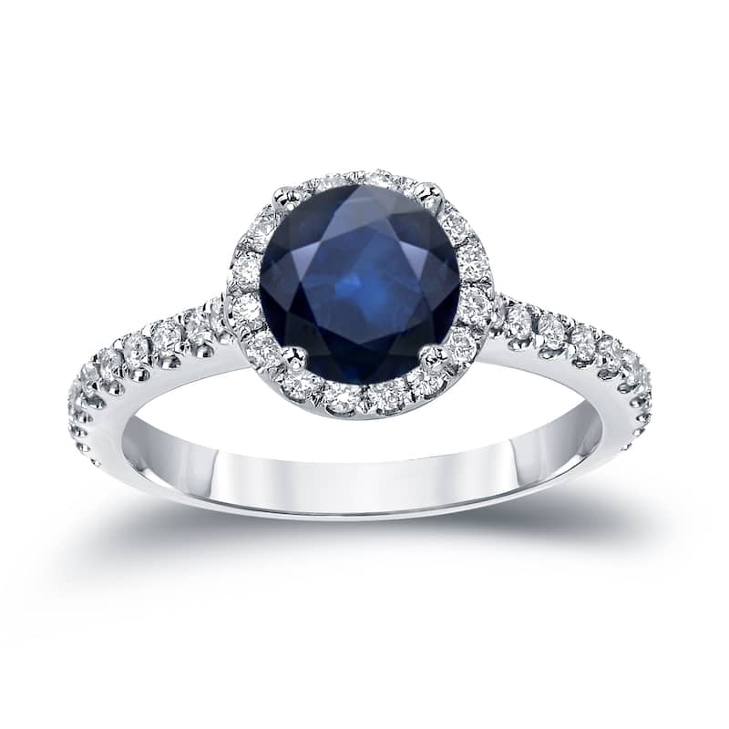 14k Gold 1ct Blue Sapphire and 1/3ct TDW Diamond Halo Engagement Ring by Auriya