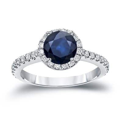 14k Gold 1ct Blue Sapphire and 1/3ct TDW Diamond Halo Engagement Ring by Auriya