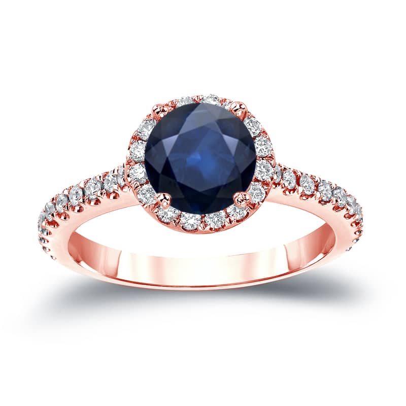 14k Gold 1ct Blue Sapphire and 1/3ct TDW Diamond Halo Engagement Ring by Auriya