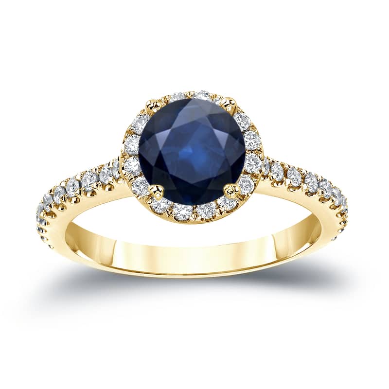 14k Gold 1ct Blue Sapphire and 1/3ct TDW Diamond Halo Engagement Ring by Auriya
