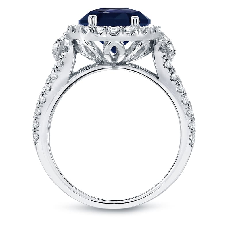 14k Gold Round 1 1/2ct Blue Sapphire and 4/5ct TDW Diamond Halo Engagement Ring by Auriya