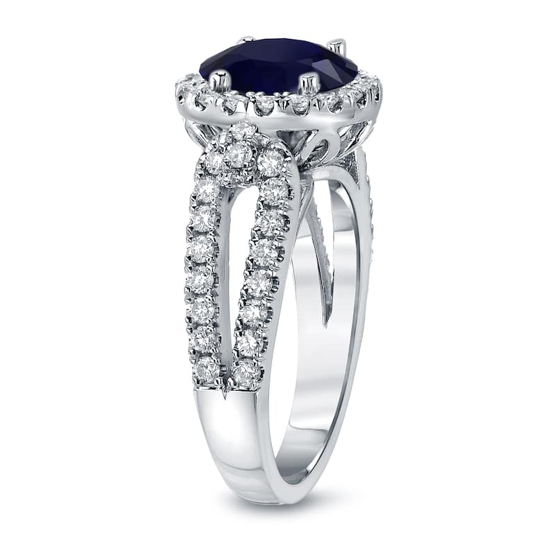 14k Gold Round 1 1/2ct Blue Sapphire and 4/5ct TDW Diamond Halo Engagement Ring by Auriya