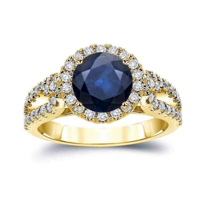 14k Gold Round 1 1/2ct Blue Sapphire and 4/5ct TDW Diamond Halo Engagement Ring by Auriya