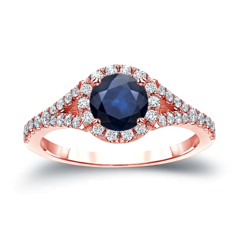 Auriya Round 1ct Blue Sapphire and 1/2ctw Halo Diamond Engagement Ring 14k Gold