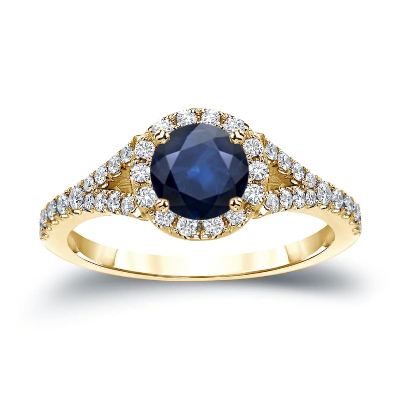 Auriya Round 1ct Blue Sapphire and 1/2ctw Halo Diamond Engagement Ring 14k Gold