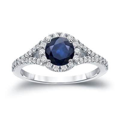 Auriya Round 1ct Blue Sapphire and 1/2ctw Halo Diamond Engagement Ring 14k Gold