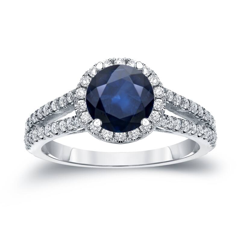 14k Gold 3/4ct Blue Sapphire and 3/5ct TDW Diamond Halo Engagement Ring by Auriya