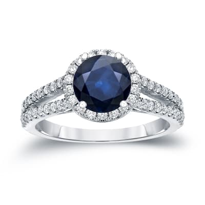 14k Gold 3/4ct Blue Sapphire and 3/5ct TDW Diamond Halo Engagement Ring by Auriya