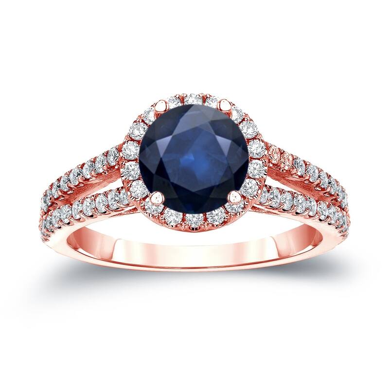 14k Gold 3/4ct Blue Sapphire and 3/5ct TDW Diamond Halo Engagement Ring by Auriya - Rose - 4