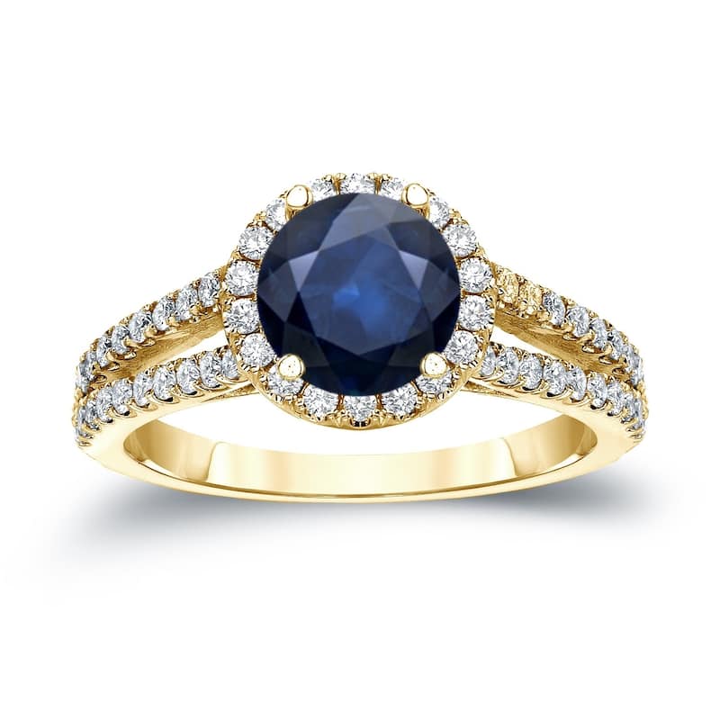 14k Gold 3/4ct Blue Sapphire and 3/5ct TDW Diamond Halo Engagement Ring by Auriya - Yellow - 4