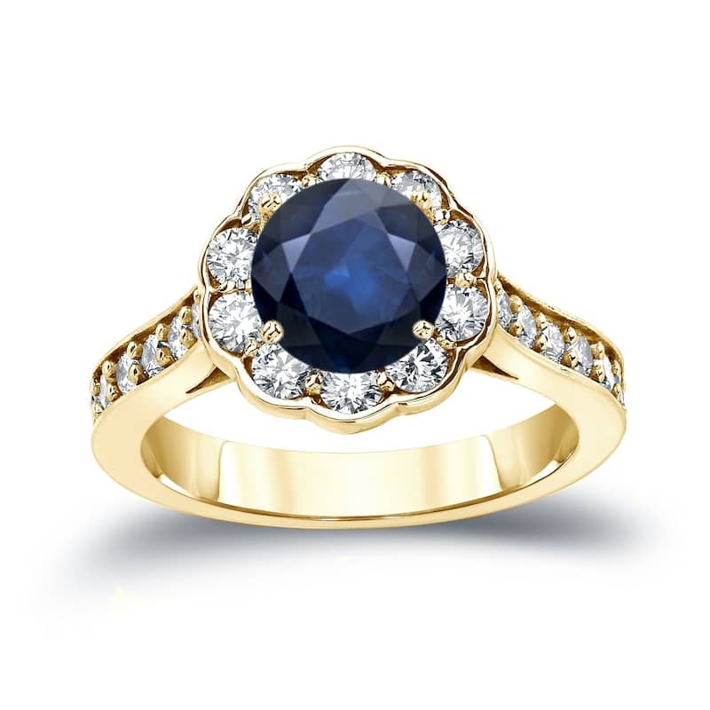 Auriya 3/4ct Blue Sapphire Gemstone and 1ctw Halo Diamond Engagement Ring 14K Gold (H-I, SI1-SI2) - 4 - Yellow