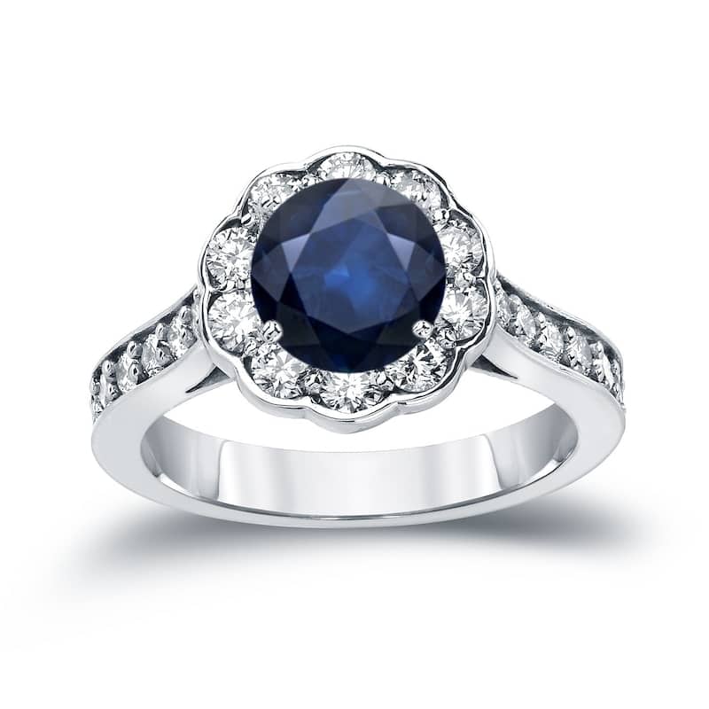 Auriya 3/4ct Blue Sapphire Gemstone and 1ctw Halo Diamond Engagement Ring 14K Gold (H-I, SI1-SI2) - 4 - White