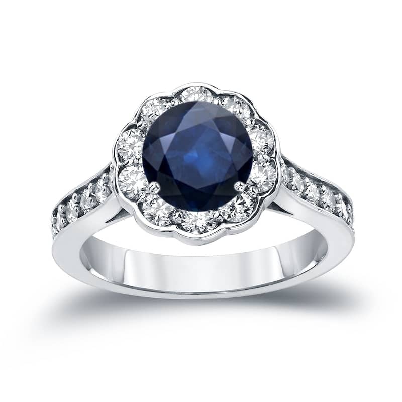 Auriya 3/4ct Blue Sapphire Gemstone and 1ctw Halo Diamond Engagement Ring 14K Gold (H-I, SI1-SI2) - 4.5 - White