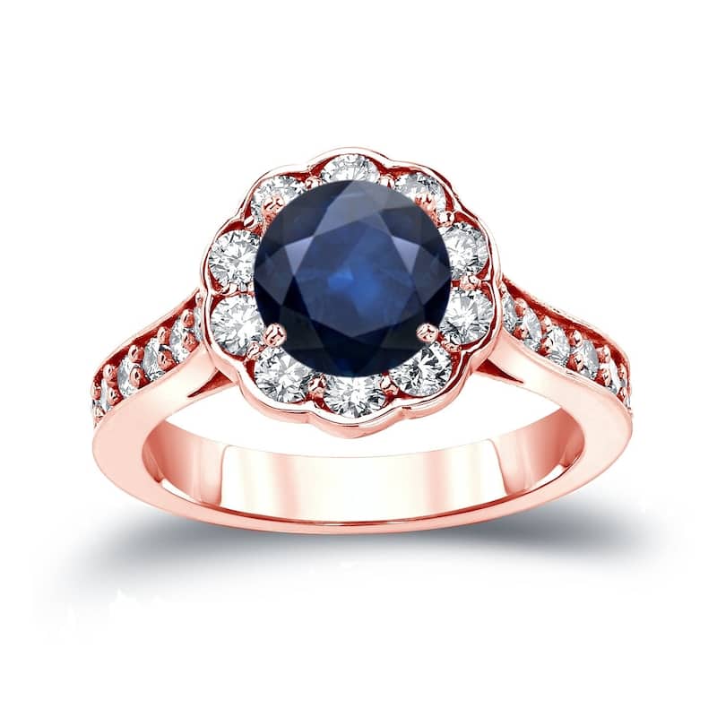 Auriya 3/4ct Blue Sapphire Gemstone and 1ctw Halo Diamond Engagement Ring 14K Gold (H-I, SI1-SI2) - 4 - Rose