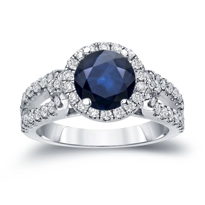 14k Gold Round 3/4ct Blue Sapphire and 3/4ct TDW Diamond Halo Engagement Ring by Auriya
