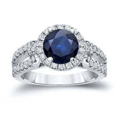 14k Gold Round 3/4ct Blue Sapphire and 3/4ct TDW Diamond Halo Engagement Ring by Auriya