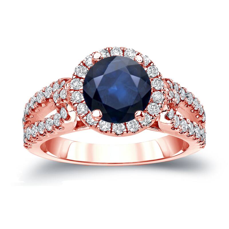 14k Gold Round 3/4ct Blue Sapphire and 3/4ct TDW Diamond Halo Engagement Ring by Auriya