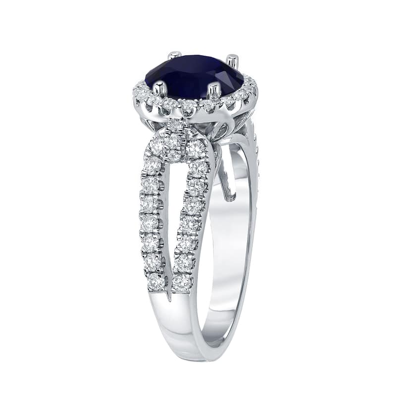 14k Gold Round 3/4ct Blue Sapphire and 3/4ct TDW Diamond Halo Engagement Ring by Auriya