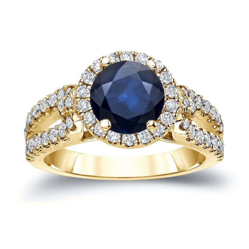 14k Gold Round 3/4ct Blue Sapphire and 3/4ct TDW Diamond Halo Engagement Ring by Auriya