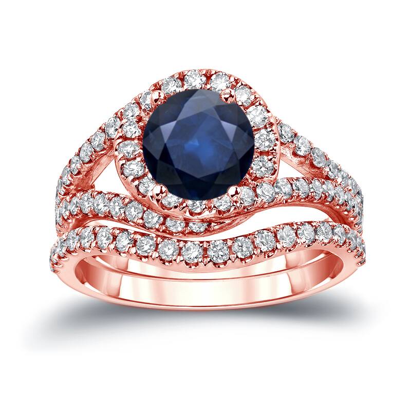 Auriya 7/8ct Blue Sapphire and 1ctw Halo Diamond Engagement Ring Set 14k Gold