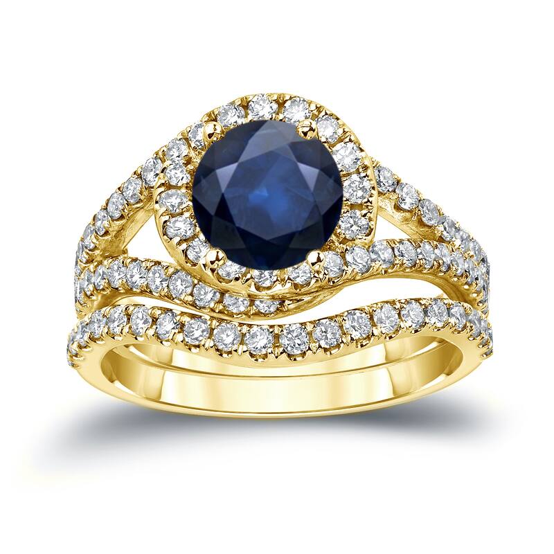 Auriya 7/8ct Blue Sapphire and 1ctw Halo Diamond Engagement Ring Set 14k Gold