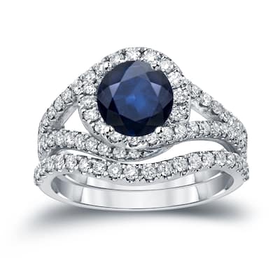 Auriya 7/8ct Blue Sapphire and 1ctw Halo Diamond Engagement Ring Set 14k Gold