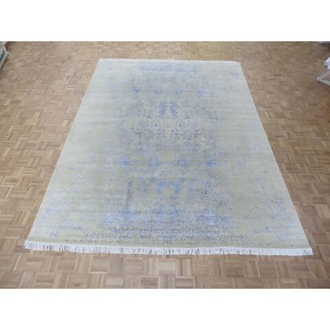 Hand-Knotted Modern Oriental Ivory Wool and Silk Rug - 9 x 12'2