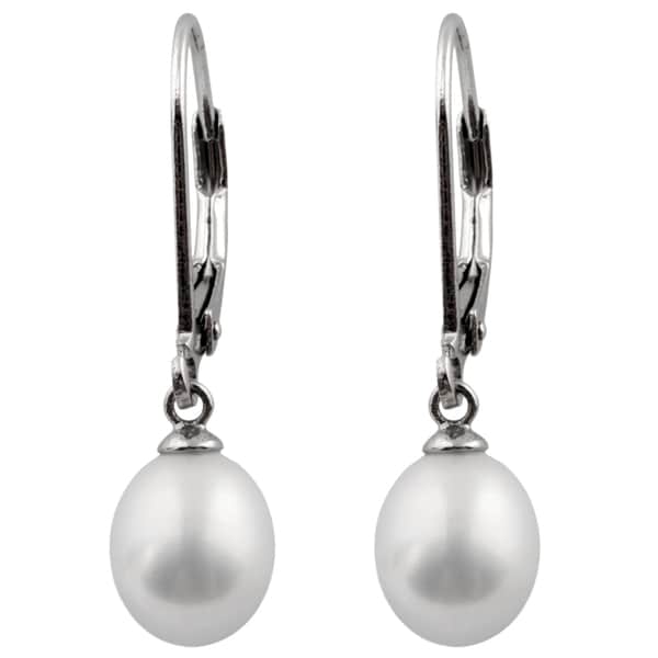 925 Sterling Silver 8mm White Shell Pearl Platinum Stud Post Earrings Gift Box