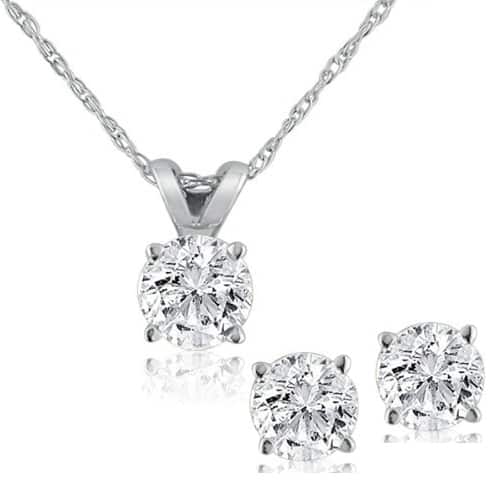 14K White Gold 3/4 ct TDW Diamond Studs & Solitaire Pendant Set