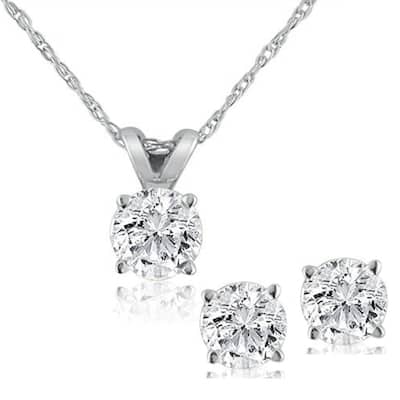14K White Gold 3/4 ct TDW Diamond Studs & Solitaire Pendant Set