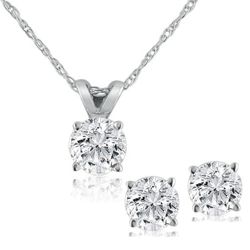 Bliss Diamond 14K White Gold 3/4 ct TDW Diamond Studs & Solitaire Pendant Set