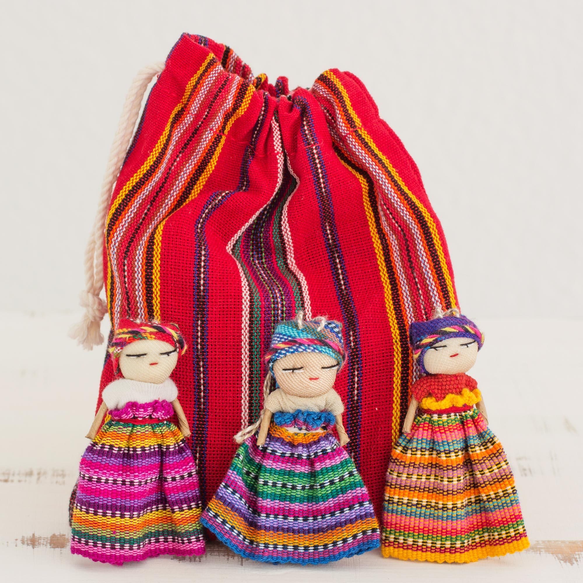Set of 10 Guatemalan Handmade Worry Dolls With a Colourful Crafted Storage  Bag 