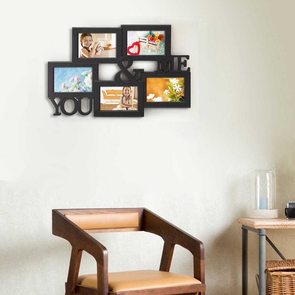Adeco Five-opening Plastic Black Wall Hanging 'You and Me' Photo Frame Collage