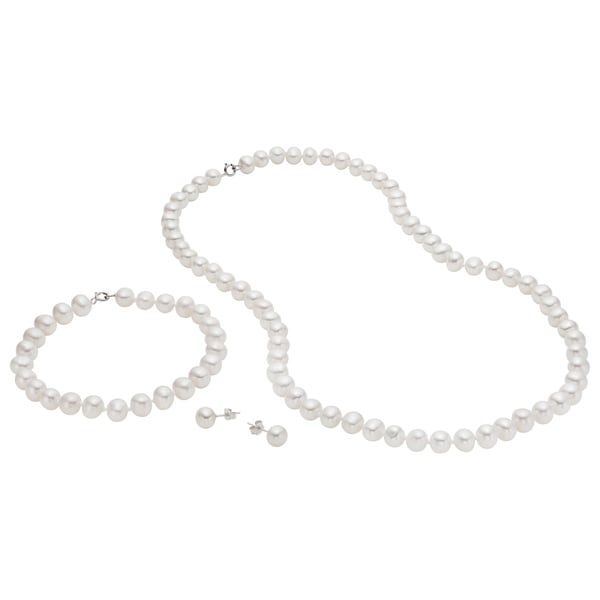 Pearlyta Sterling Silver White Freshwater Pearl Necklace, Bracelet, and Earring Jewelry Set (7-8 mm)