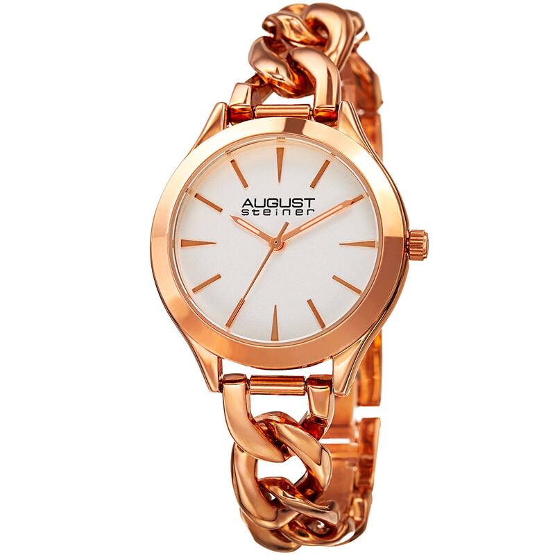 August Steiner Women's Diamond Swarovski Crystal Chain Link & Leather Rose-Tone Watch Set