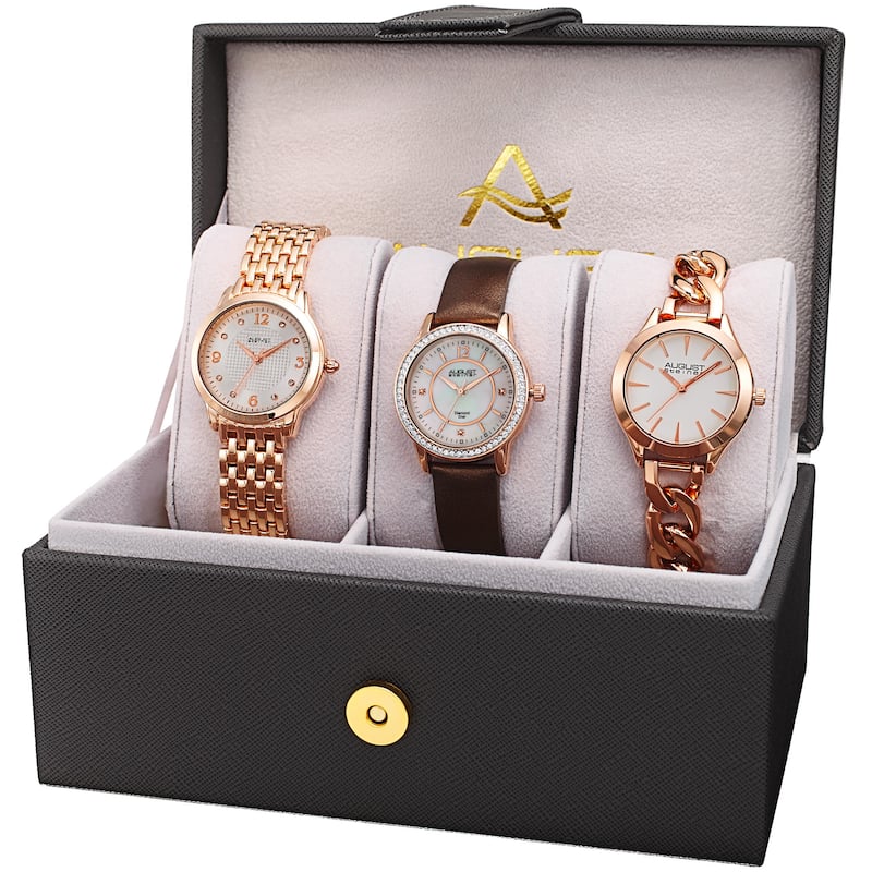 August Steiner Women's Diamond Swarovski Crystal Chain Link & Leather Rose-Tone Watch Set