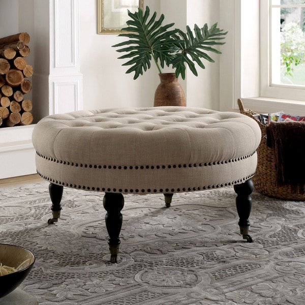 Shop Furniture of America Basel Tufted Ivory Linen Round 35-inch Accent ...