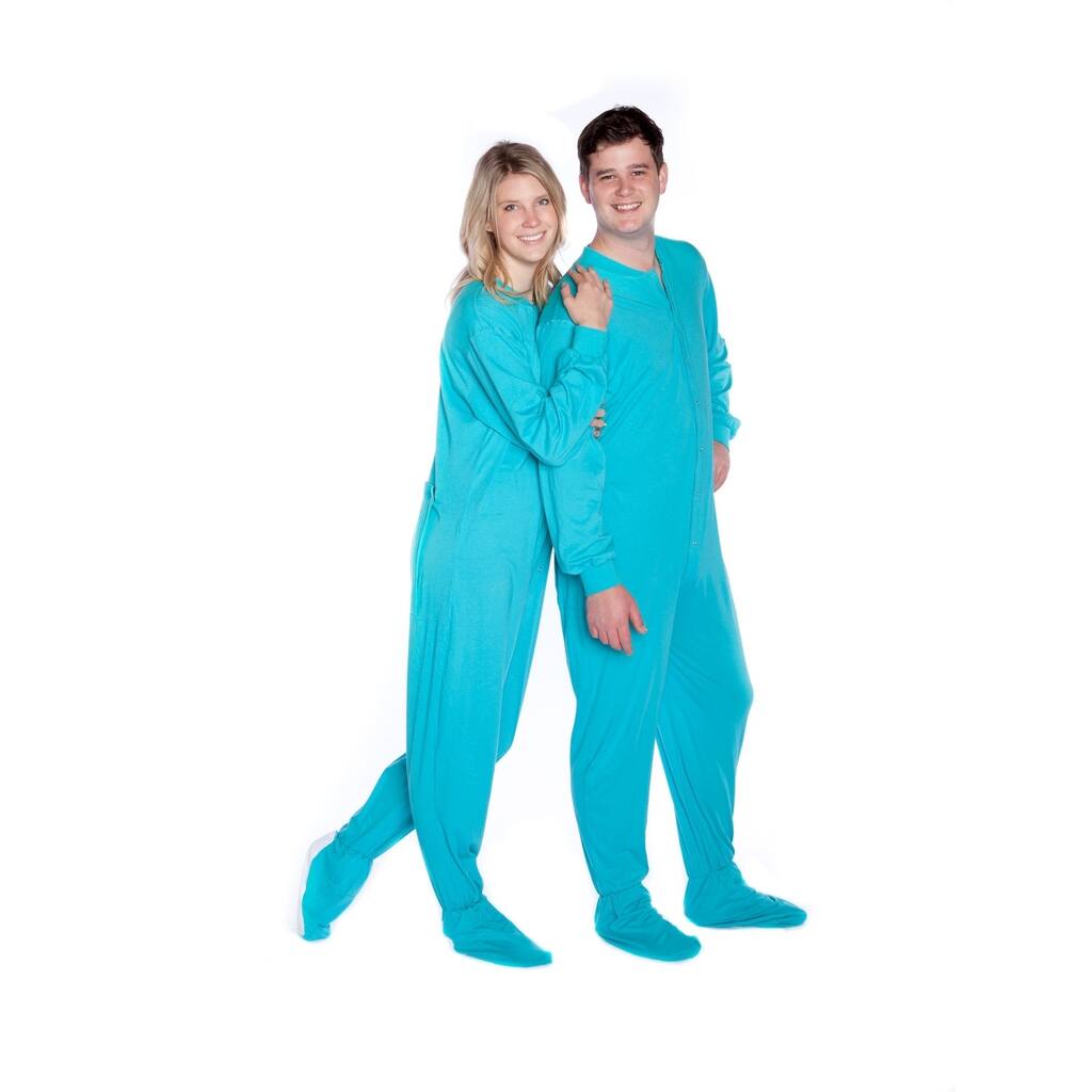 Big Feet PJs Turquoise Jersey Knit Adult Sleeper Footed Pajamas w/ Rear Flap