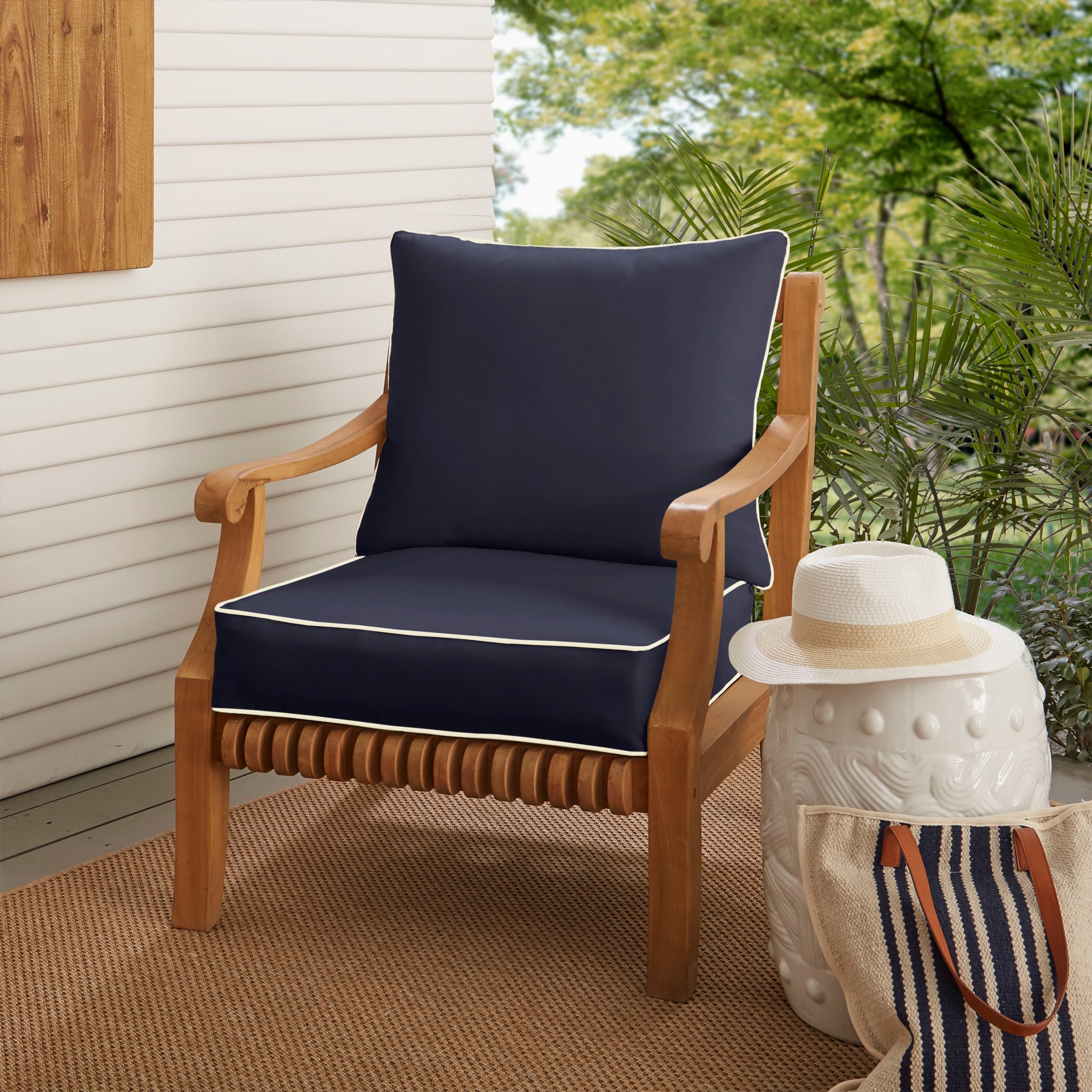 Sunbrella Navy with Ivory Indoor/ Outdoor Chair Cushion and Navy Blue