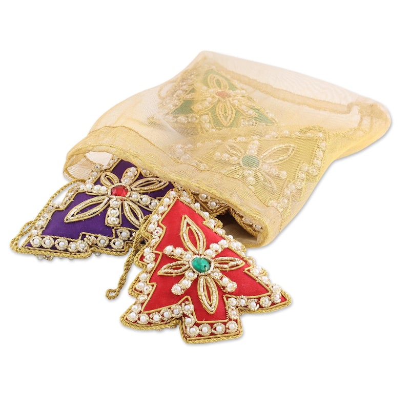Handmade Beaded 'Colorful Trees' Ornaments Set of 4 (India)