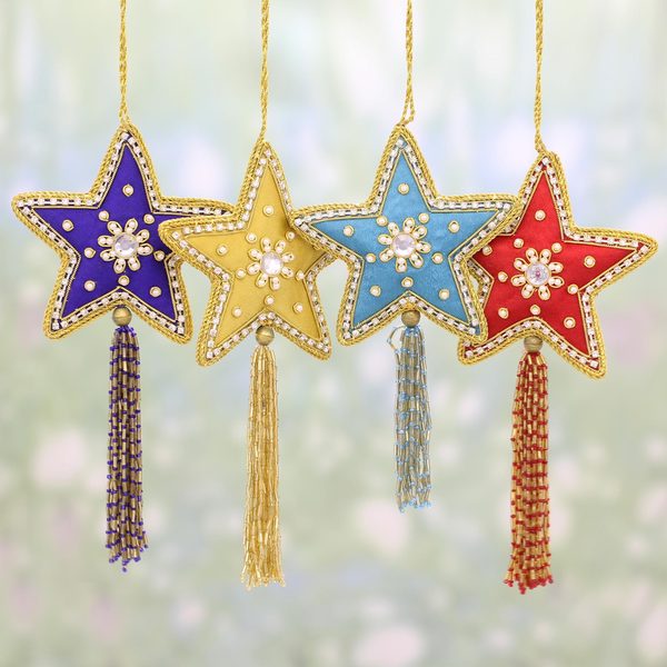 Handmade Glistening Stars Beaded Ornaments, Set of 4 (India). Opens flyout.