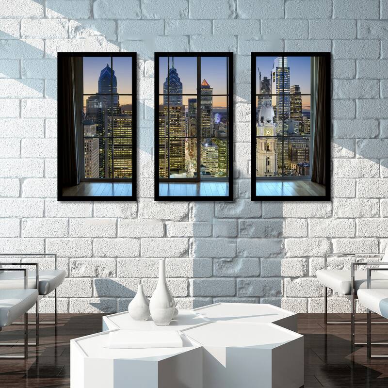 Philadelphia, Pennsylvania, USA Downtown Skyline Window' Framed Plexiglass Wall Art (Set of 3)