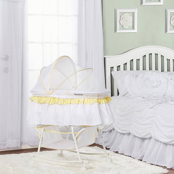 slide 2 of 3, Dream On Me Lacy, Portable 2 in 1 Bassinet and Cradle in Yellow and white