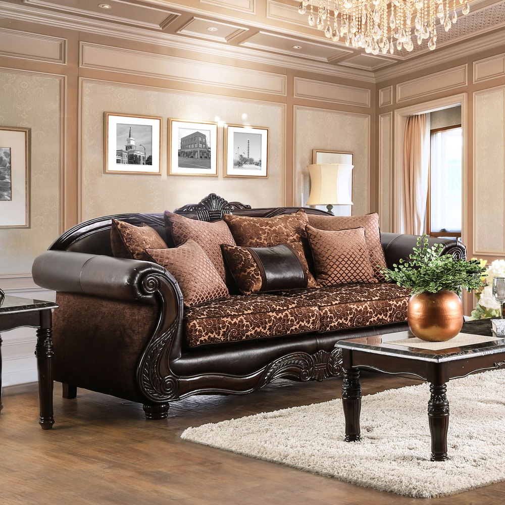 Furniture of America Quez Traditional Brown Faux Leather Rolled Arms Sofa