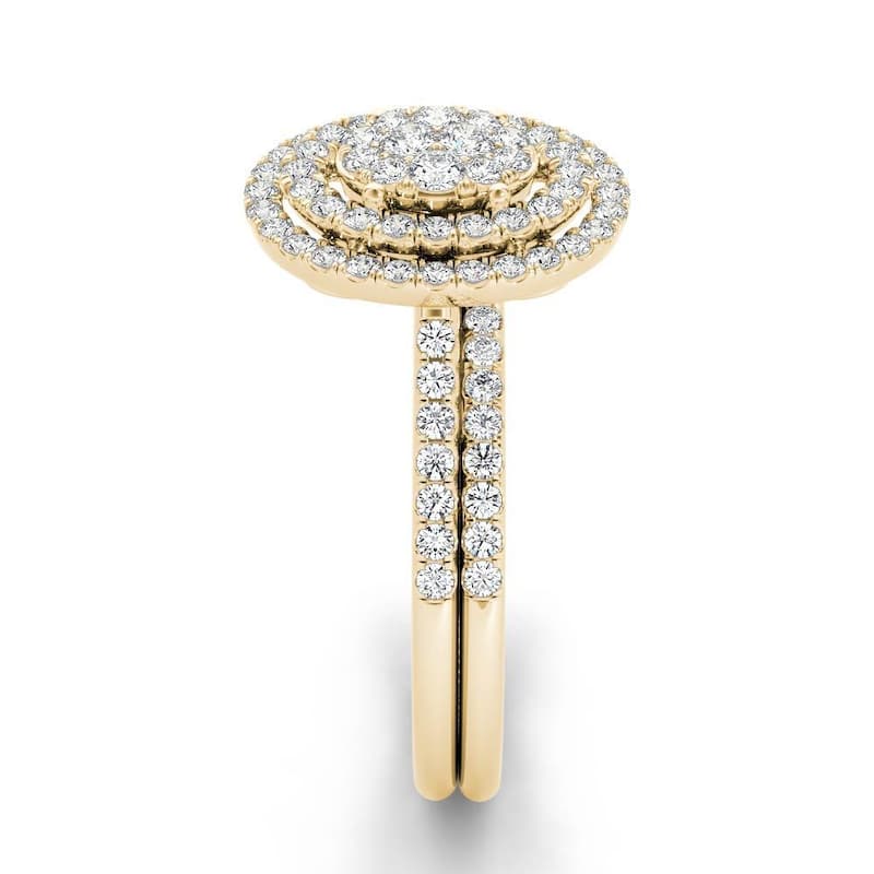 De Couer IGI Certified 10k Yellow Gold 1/2ct TDW Oval Shaped Cluster Halo Bridal Set